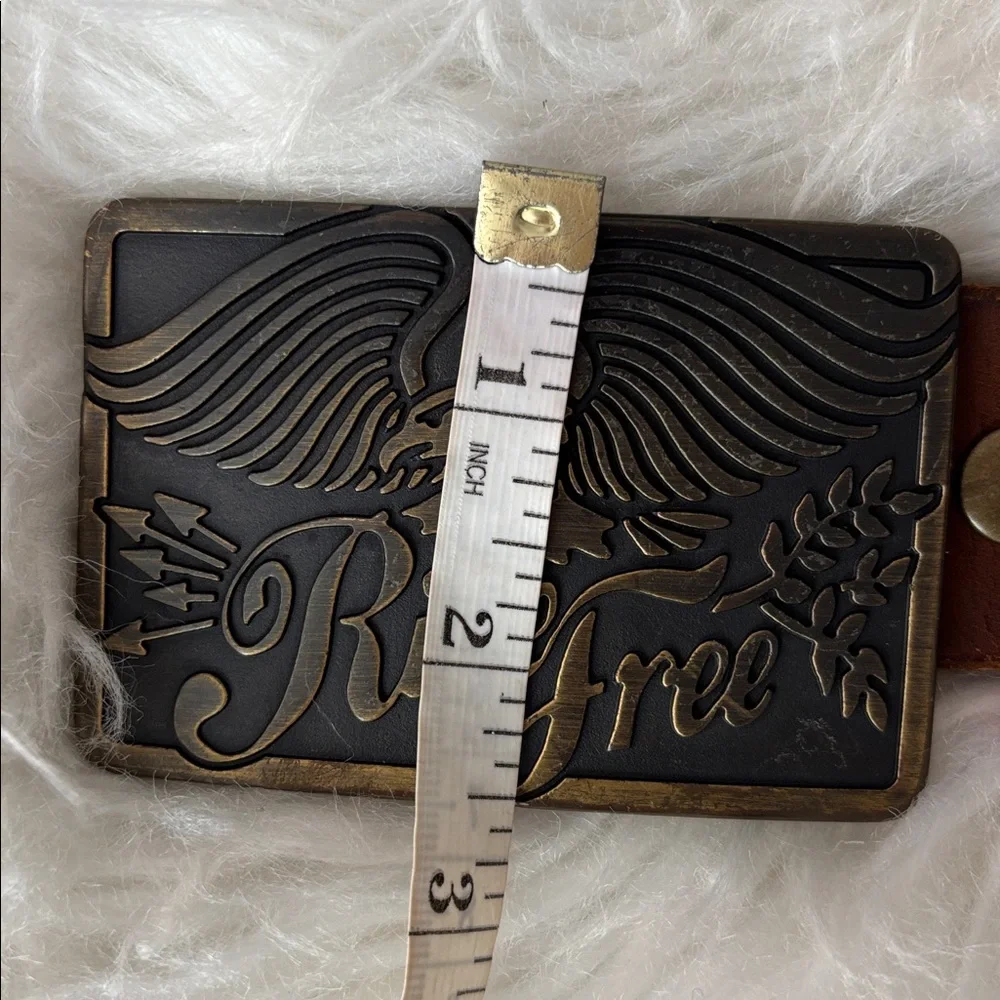 Vintage American Eagle Ride Free Brass Color Buckle & Brown Leather Belt